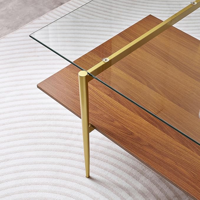 X-Large Rectangle Glass Coffee Table, Mid-Century Modern Design for Living Room, L47xW24xH17 inch, 2-Tier Structure, Clear Glass Top and Walnut MDF Shelf, Conical Metal Legs with Gold Finish