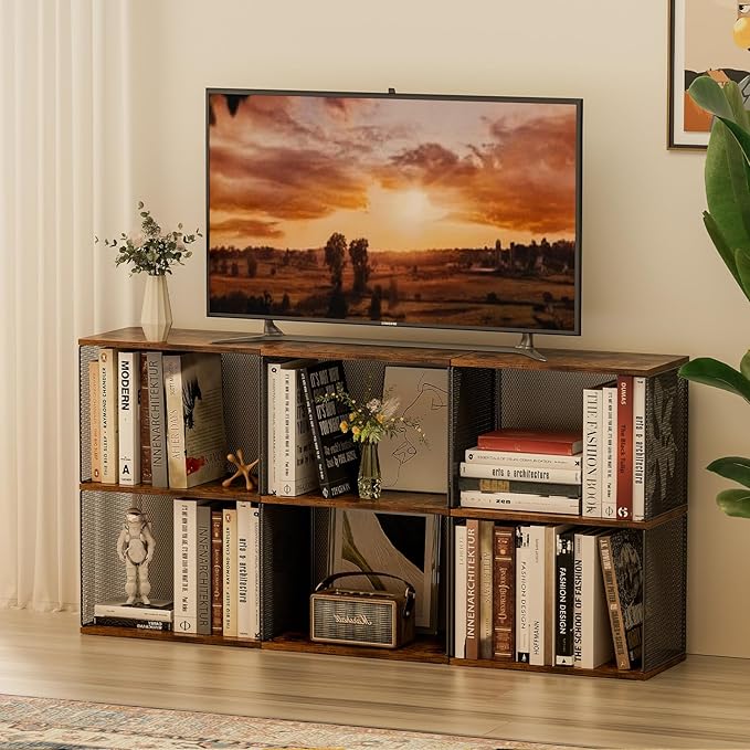 Small Bookshelf 2 Tiers Bookshelf for Small Spaces DIY Variable Stackable Cube Storage Organizer for Kid Bedroom,Living Room, Black Brown Wooden,2 Tiers Non-Detachable