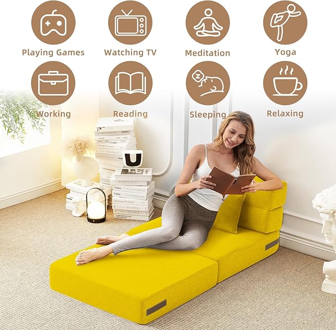 FILUXE Convertible Folding Sofa Bed-Sleeper Chair with Pillow, Modern Linen Fabric Floor Futon Couch, Foldable Mattress for Living Room/Dorm/Guest Use/Home Office/Apartment,Single Size,Yellow
