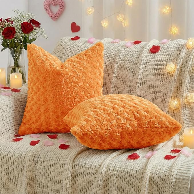 FUTEI Orange Decorative Throw Pillow Covers 24x24 Inch Set of 2,Soft Solid Rose Swirl Textured European Cushion Case,Valentine's Day Decor for Couch Living Room