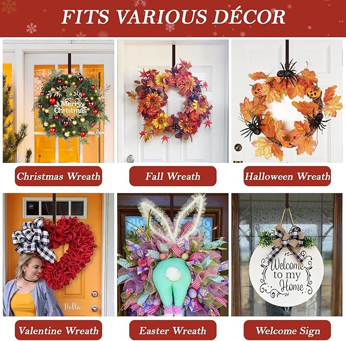 12" Metal Wreath Door Hanger, Non-Scratch Wreath Hangers for Front Door, Heavy Duty Over-the-Door Hooks for Hanging Welcome Sign, Easter, Halloween, Fall, Christmas Decoration, Holds up to 20 lbs