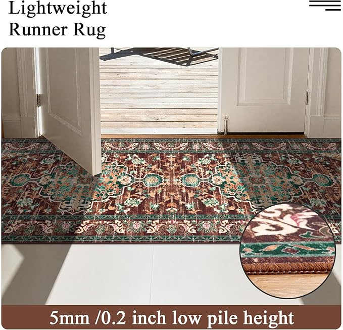 U'Artlines 3' x 14' Boho Hallway Runner Rug, Rust Non Slip Washable Vintage Farmhouse Accent Rug Carpet for Kitchen Entryway Laundry and Living Room (Rust＆Teal)