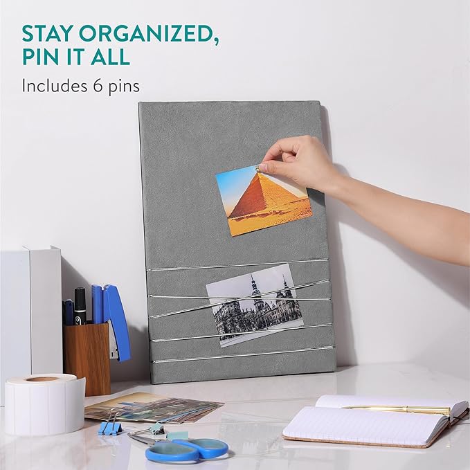 Navaris Fabric Memo Bulletin Board - 12" x 17" Velvet Memory Board for Wall to Display Photo Collages, Pictures, Notes - Includes 6 Push Pins - Gray