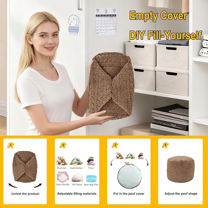Unstuffed Ottoman Pouf Cover – Round Faux Fur Footstool Plush Floor Pouf (No Filler Included) Perfect for Living Room, Bedroom, or Office Lounge (Coffee, 26x26x18 in)