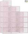 Shoe Storage Box, 15 Pack Clear Plastic Stackable Shoe Organizer for Closet, Interlocking Design Shoe Container Bins for Sneakers, Foldable Shoe Rack with Lids, Pink