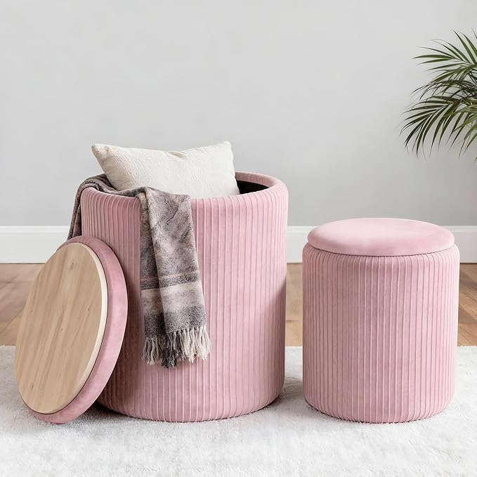 CAROLMADE Set of 2 Round Ottoman with Storage, Upholstered Vanity Stool Support 330lbs Multifunctional Coffee Table Ottoman Velvet Foot Rest Stool or Living Room Bedroom Dorm (Pink)