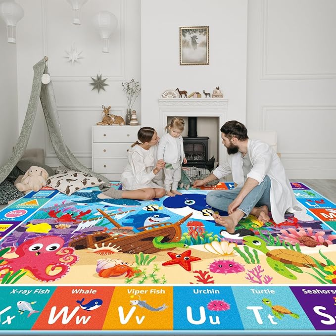 Baby Play Mat for Floor, ABC Kids Play Mat, Sea Animals Kids Rugs for Girls and Boys Playroom, Foldable Rug for Baby Toddler Infants Crawling Playing (Blue, 110.2X78.7 INCH)