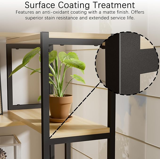 6 Tier Corner Shelf/Bookshelf, Deformable L Shaped Bookcase, Modern Tall Storage Display Rack with Sturdy Metal Frame for Home Office (Natural Wood Color)
