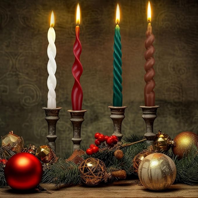 Nuanchu 4 Pcs 7.87 Inch Twisted Taper Candles Wax Unscented Smokeless Spiral Swirl Candlesticks for Wedding Holiday Dinner Party Home Decorations (Christmas Color)