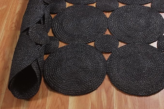 Scalloped Edge Rug, Hand Woven Natural Jute Area Rug, 6x6 Ft Square Black Braided Kilim Rugs for Living Room, Kitchen, Entryway, Farmhouse