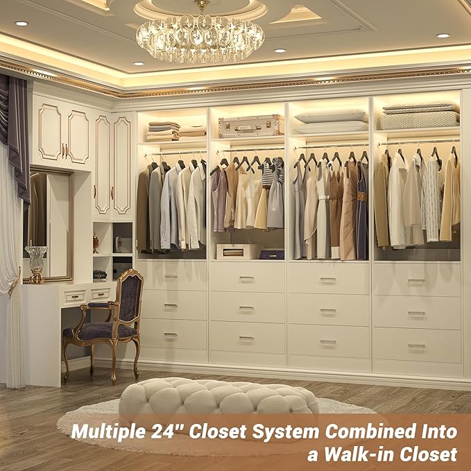 Closet System Set of 2, 4FT Closet Systems with 6 Wood Drawers, 48" Closet Organizer System with 2 Hanging Rods & 2 Shelves, Heavy Duty 48 Inch Walk-in Closet , White (48"L x 15" W x 80" H)