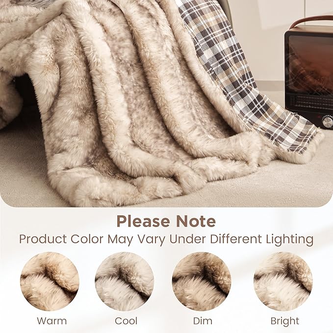 Sophia & William Fox Faux Fur Bed Blanket Throw for Couch(60x80 Inches), Luxury Fluffy Fuzzy Warm Soft Reversible Blankets, Plush Throw, 800GSM, Arctic Fox & Plaid