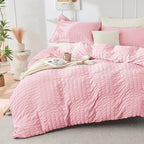 HYMOKEGE Pink/Ivory King Size Comforter Set Seersucker 7 Pieces, All Season Luxury Bed in a Bag for Bedroom, Bedding Set with Comforter, Sheets, Pillowcases & Shams