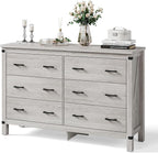 LINSY HOME Farmhouse 6 Drawer Double Dresser for Bedroom, 53” Wide Rustic Wood Chest with Deep Drawers, Modern Dressers with Storage and Metal Handles for Closet, Living Room, Hallway, Wash Grey