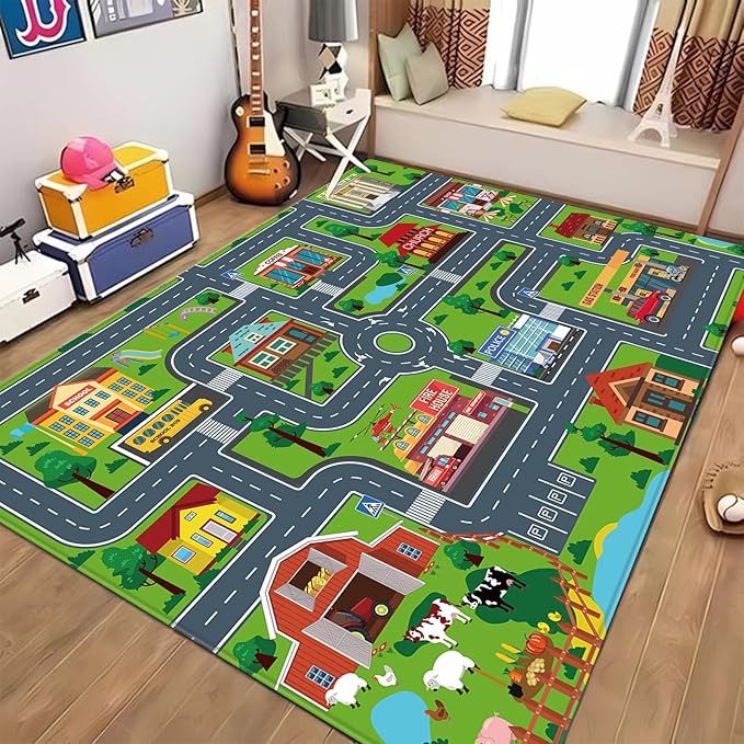 Kids Car Playmat, Kids Rug for Playroom Car Mat Town City Road Traffic Rugs, Play Mat for Floor, Extra Large Boys Kid Car Track Play Rug (Style Four, 110.2 X 78.7 INCH)