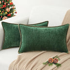 decorUhome Spring Chenille Soft Cozy Throw Pillow Covers 12x20 Set of 2, Modern Farmhouse Boho Velvet Decorative Pillow Cases with Stitched Edge for Couch Sofa Bed Home Decor, Green