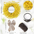 26 Inch Spring Wreaths for Front Door Large Forsythia Floral Summer Door Wreath Outdoor All Season Wild Wreath for Easter Valentines Home Living Room Porch Yard Window Farmhouse Decor (Yellow)