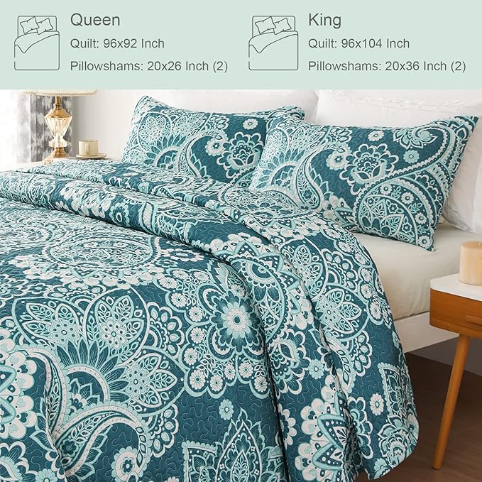 Whale Flotilla Reversible Printed Quilt King Size, Extra Soft Boho Paisley Floral Bedspreads for Bed Lightweight King Quilt Bedding Set Coverlets with 2 Pillow Shams for All Seasons, Turquoise