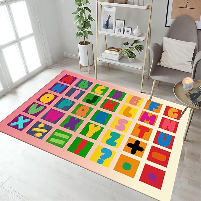Kids Area Rug English Characters ABC and Math Symbols Learning Carpets, Lovely Cartoon Pink Washable Foldable Door Mat Ideal for Living Dining Room Bedside Kids Girls Bedroom, 4x6ft