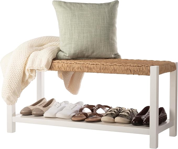 Alaterre Furniture Bench with Handcrafted Woven Rope Seat - Newport Collection 40-Inch Wood Bench with Storage Shelf for Entryway or Bedroom - Indoor Furniture (White)