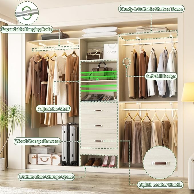 Closet System with Drawer - 8FT Wood Closet Organizer System with 3 Hanging Rods and Shelving Tower, 96" Walk In Closet Organizer Wardrobe, Heavy Duty Garment Rack Clothes Rack, White Oak