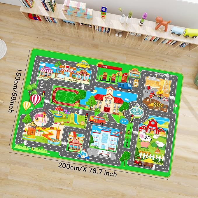 Kids Car Playmat, Kids Rug for Playroom Car Mat Town City Road Traffic Rugs, Play Mat for Floor, Extra Large Boys Kid Car Track Play Rug (Style SIX, 78.7X 59 INCH)