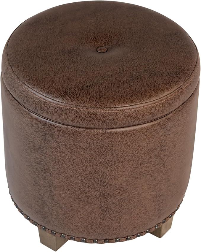 Homepop Home Decor | Upholstered Round Storage Ottoman with Nailheads| Ottoman with Storage for Living Room & Bedroom, Brown Faux Leather