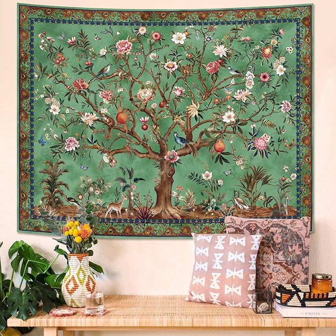 Boho Tree of LIfe Tapestry, Vintage Flower Leaves Birds Plant Animal Pattern Tapestries, Retro Indian Bohemian Aesthetic Wall Hanging Green 36×48 inch