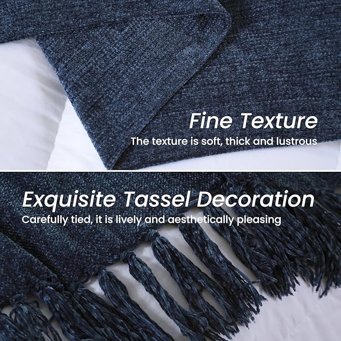 Navy Chenille Throw Blanket for Couch Bed，Soft Cozy Throw Blanket with Handmade Fringe, Decorative Blanket for Sofa Chair Living Room for Gift,Navy 50" x 60"