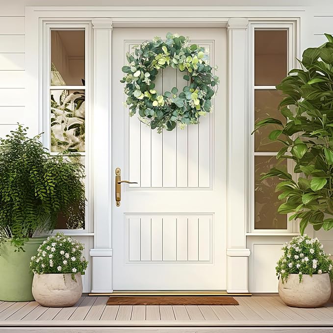24 Inch Spring Wreath for Front Door, Spring Eucalyptus Wreath for Grapevine Farmhouse with Silk Printing Dollar Leaves Wreaths for Festival Celebration Front Door Wall Window Home Décor