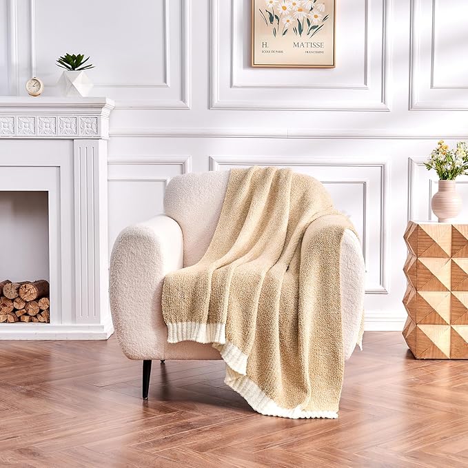CozeCube Super Soft Fullfy Microfiber Reversible Knitted Blankets, Warm Cozy Fuzzy Plush Throw, Beige and White Melange Throw Blanket for Couch Bed Sofa, 50" x 60"