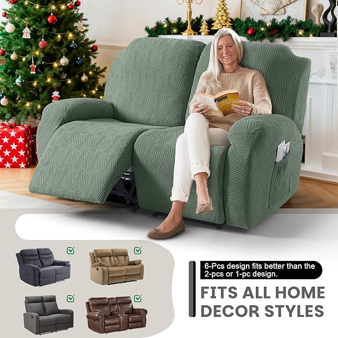 VANSOFY Recliner Loveseat Cover, 6-Pieces Stretch Dual Recliner Sofa Cover Soft Jacquard Reclining Couch Slipcover Furniture Protector with Elastic Bottom for Kid, Pets(2 Seat,Bean Green)