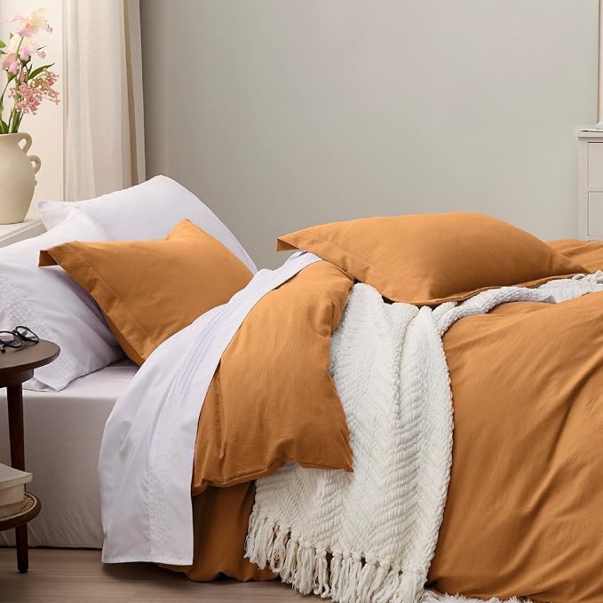 Bedsure Honey Ginger Duvet Cover Queen Size - 3 Pieces Prewashed Cotton-Like Extra Soft Bedding Set, Includes 1 Duvet Cover 90x90 Inches with Zipper Closure & 2 Pillow Shams, Comforter Not Included