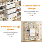 Semoic Triple Wide 6 Tiers Industrial Book Shelf with 3 Drawers and Storage Shelves, 73.6" Tall Bookcase with 16 Open Display Shelves, Large Etagere Bookshelf with Metal Frame for Home & Office, Gold