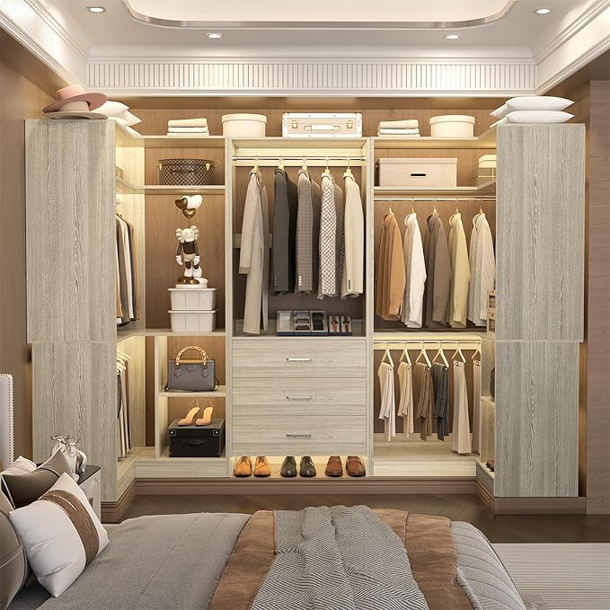 Aheaplus Closet System with 3 Drawers, 5 Hanging Rods & Corner Tower, Corner Closet System with Hanging, 88.8" U-Shaped Walk-In Wardrobe Organizer, 2000+ lbs Capacity, Set of 3, White Oak