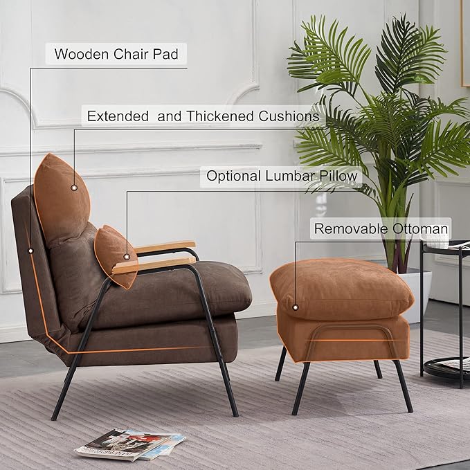 MCombo Accent Recliner Chair with Ottoman, Modern Fabric Armchair, Upholstered Sofa Bed for Living Room Bedroom, Small Space 4055 (Black Frame, Brown)