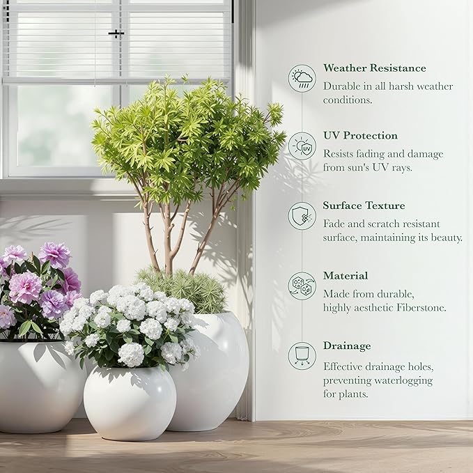 DTY Mount Sherman 16.1'' D x 13.6'' H (Pot Opening 11.8") Fiberstone Round Planter with Drainage Hole, Smooth Finishes, Weather Resistant for Indoor and Outdoor, 2 Extra Coco Mats - White, Medium