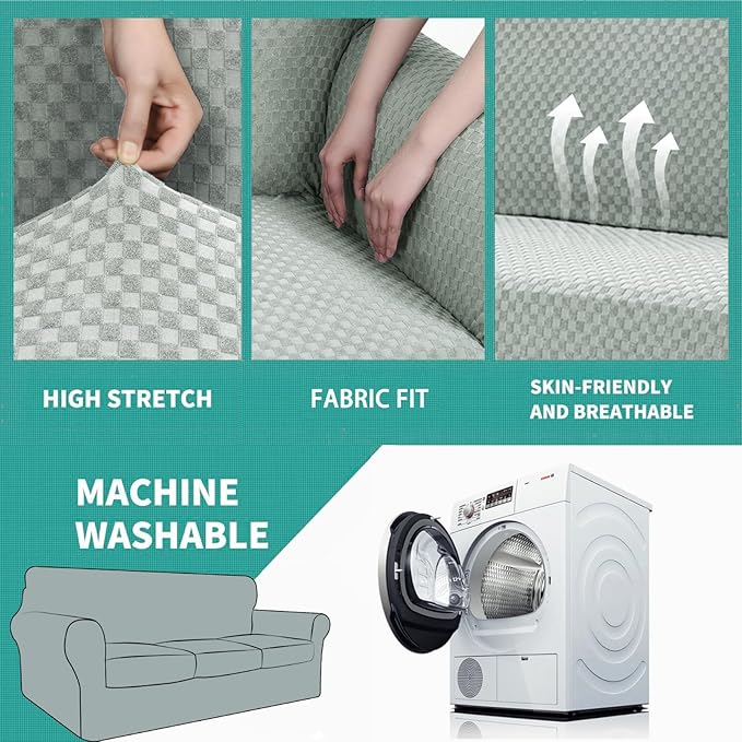 YEMYHOM Latest Checkered 4 Pieces Couch Covers for 3 Cushion Couch Extra Large High Stretch Thickened Sofa Cover for Dogs Anti Slip Furniture Protector Sofa Slipcovers (Ivory), 91"-110"(3 Cushions)