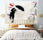 Ambesonne Wedding Tapestry King Size, Couple in Love Umbrella Red Hearts Daisies Romance in the Air Celebration, Wall Hanging Bedspread Bed Cover Wall Decor, 104" X 88", Black White Red
