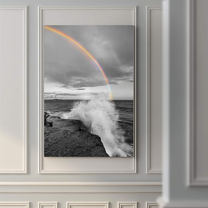 Renditions Gallery Canvas Nature Wall Art Paintings & Prints Decorations Romantic Cloudy Rainbow Black & White Wall Hanging Artwork for Bedroom Living Room Office Kitchen - 12"x18" LT06
