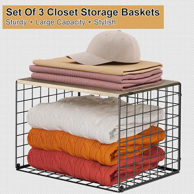 Widened & Heightened Closet Organizers And Storage Shelves With Top Board, Set of 3 Stackable Closet Shelf Organizer Storage Bin Basket For Clothes Sweaters,Space-saving, Sturdy,Wider Higher Size