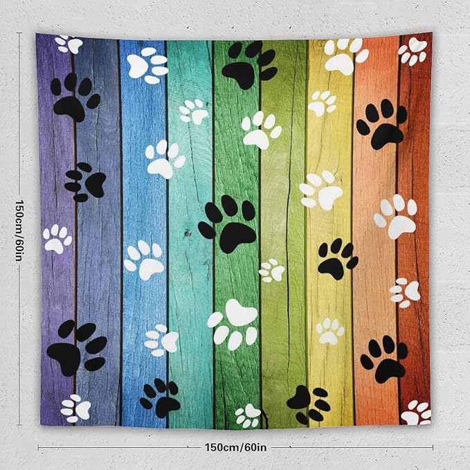 VUMIVI Dog Paw Tapestry Vintage Rustic Colorful Barn Boards Black White Animal Footprints Tapestry Wall Hanging for Living Room Bedroom Dorm Classroom Aesthetic Decor W60xL60in