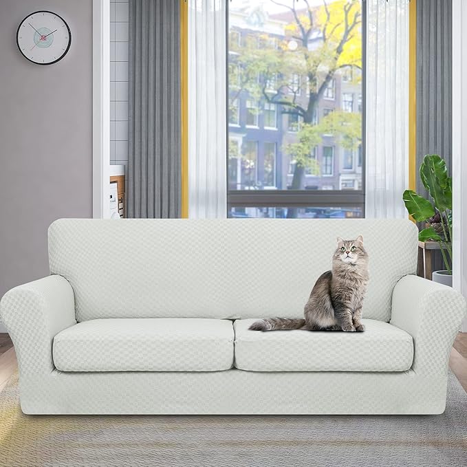 YEMYHOM Latest Checkered 3 Pieces Couch Covers for 2 Cushion Couch High Stretch Sofa Cover with 2 Extra Large Seat Cushion Covers Anti Slip Elastic Slipcovers (Ivory), 71"-91"(2 Cushions)