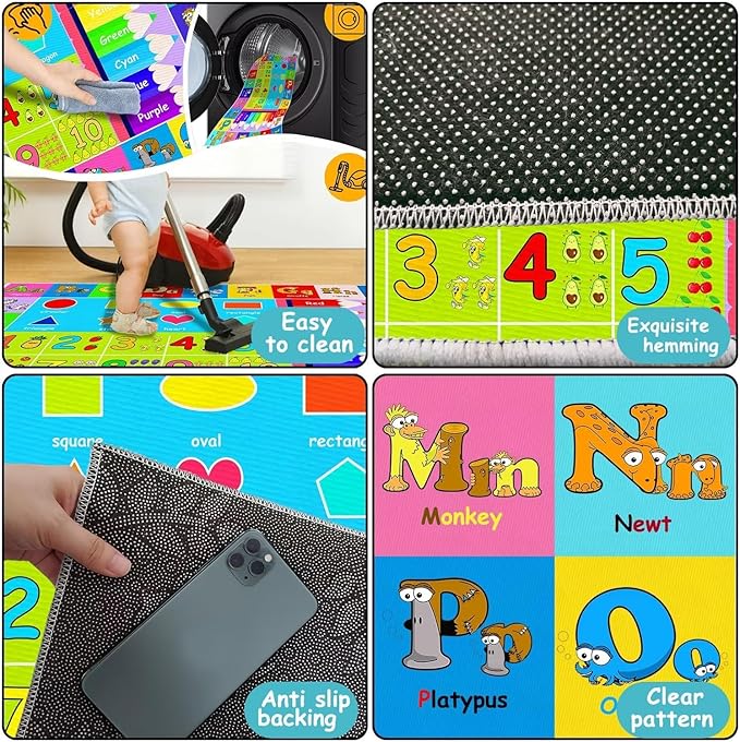 Kids Alphabet Play Game Rug - 5' 3" x8' ABC Numbers and Shapes Educational Learning Toddler Carpet - Kids Room Playroom Classroom Kindergarten Activity Fun Soft Non-Slip Mat