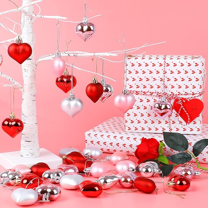 CCINEE 36pcs Valentine's Day Heart Shaped Ornaments, Red Pink Silver Plastic Heart Shaped Baubles Romantic Valentine's Day Hanging Decorations for Home Valentine Tree Wedding Anniversary Party
