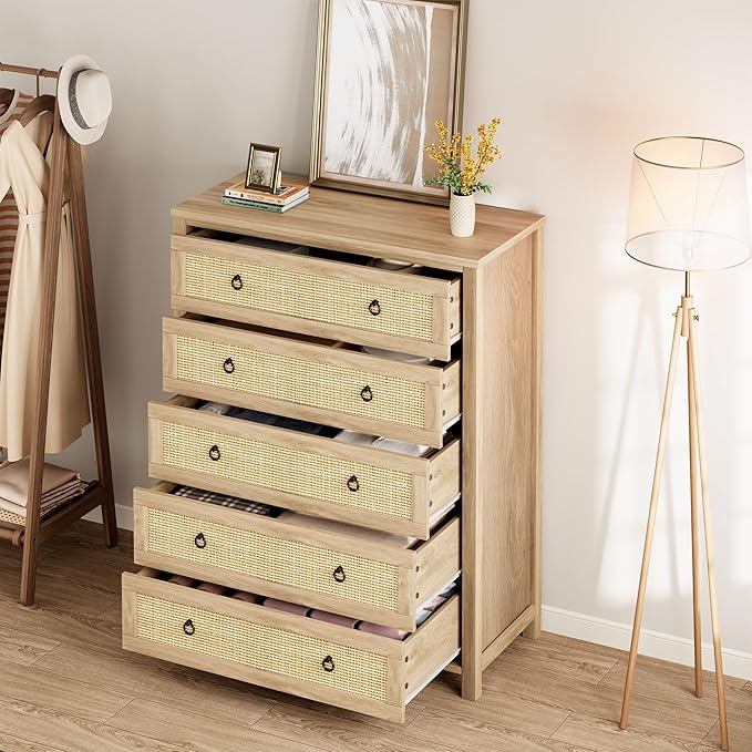 IDEALHOUSE Rattan Dresser for Bedroom with 5 Drawers, 45'' Tall Chest of Large Drawers with Large Clothes Storage Cabinet, Wood Bedroom Dresser, TV Stand for Nursery, Living Room, Enterway