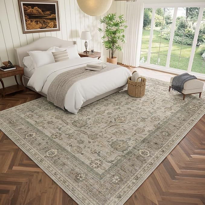 Washable 10x14 Area Rugs for Living Room, Boho Non-Slip Vintage Distress Large Rugs for Bedroom Dining Room Office, 0.3" Neutral Oriental Throw Thin Carpet, Flaxen/Brown/Multi