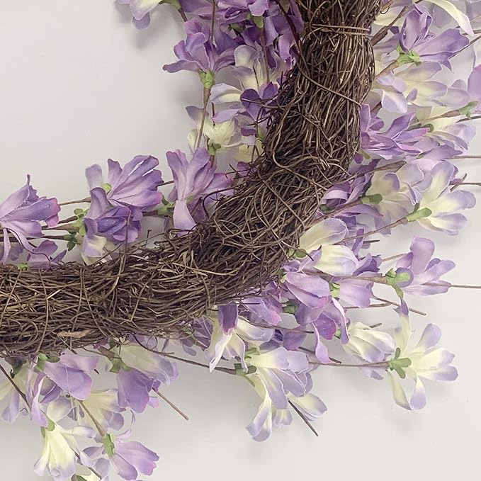 Spring Wreath for Front Door, 24 Inch Purple Forsythia Wreath for Door, Spring Wreath Blossom Cluster Flower Farmhouse on Grapevine for Festival Celebration