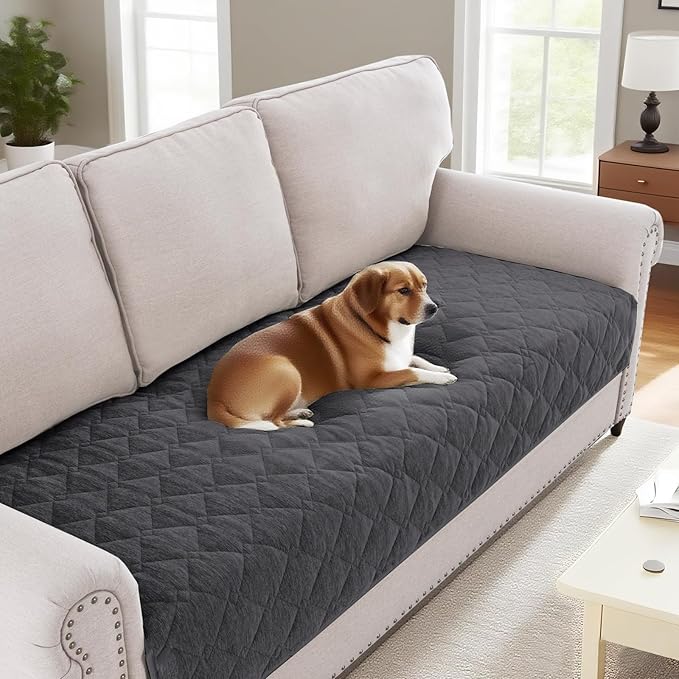 H.VERSAILTEX Couch Cover Chenille Pet Fuzzy Sofa Covers for 3 Cushion Couch Anti Slip Washable Sofa Slipcovers with Strap Soft Couch Protector Cover for Dogs Cats Kids(36" x 74", Grey)