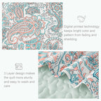 Exclusivo Mezcla Reversible Boho Quilts King Size, Aqua Bedspreads Lightweight Coverlet All Season Paisley Quilt Bedding Set with Printed Floral Pattern (1 Quilt, 2 Pillow Shams)